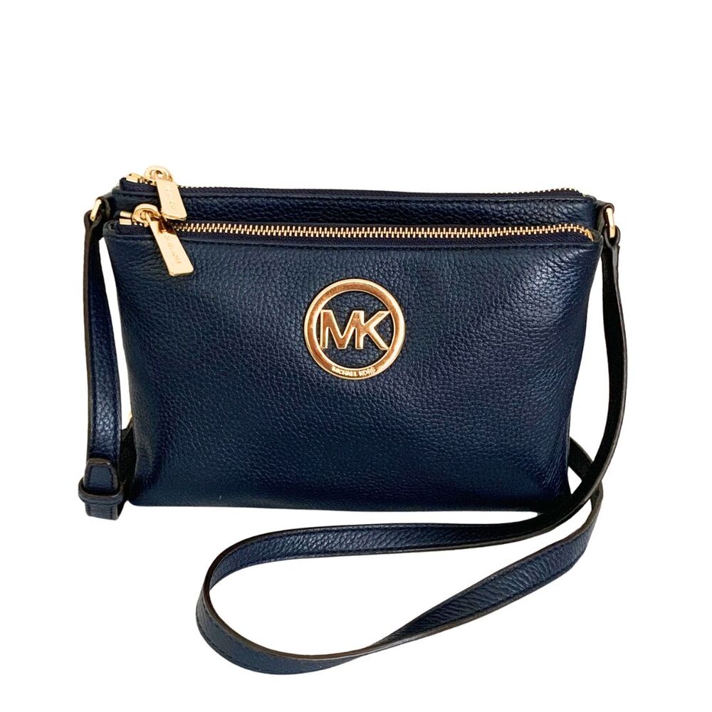 Michael Kors Navy Blue Crossbody Bag Triple Compartment Gold Tone Hardware
